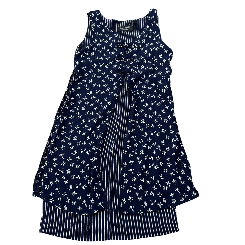 Vintage 1990s Laundry by Shelli Segal Navy Floral Stripe Mixed Print Dress Sz 6